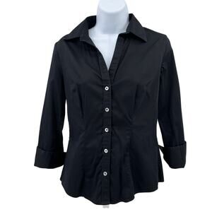 Banana Republic Stretch Button Up Shirt WMNS S Black 3/4 Sleeve Collared V-Neck